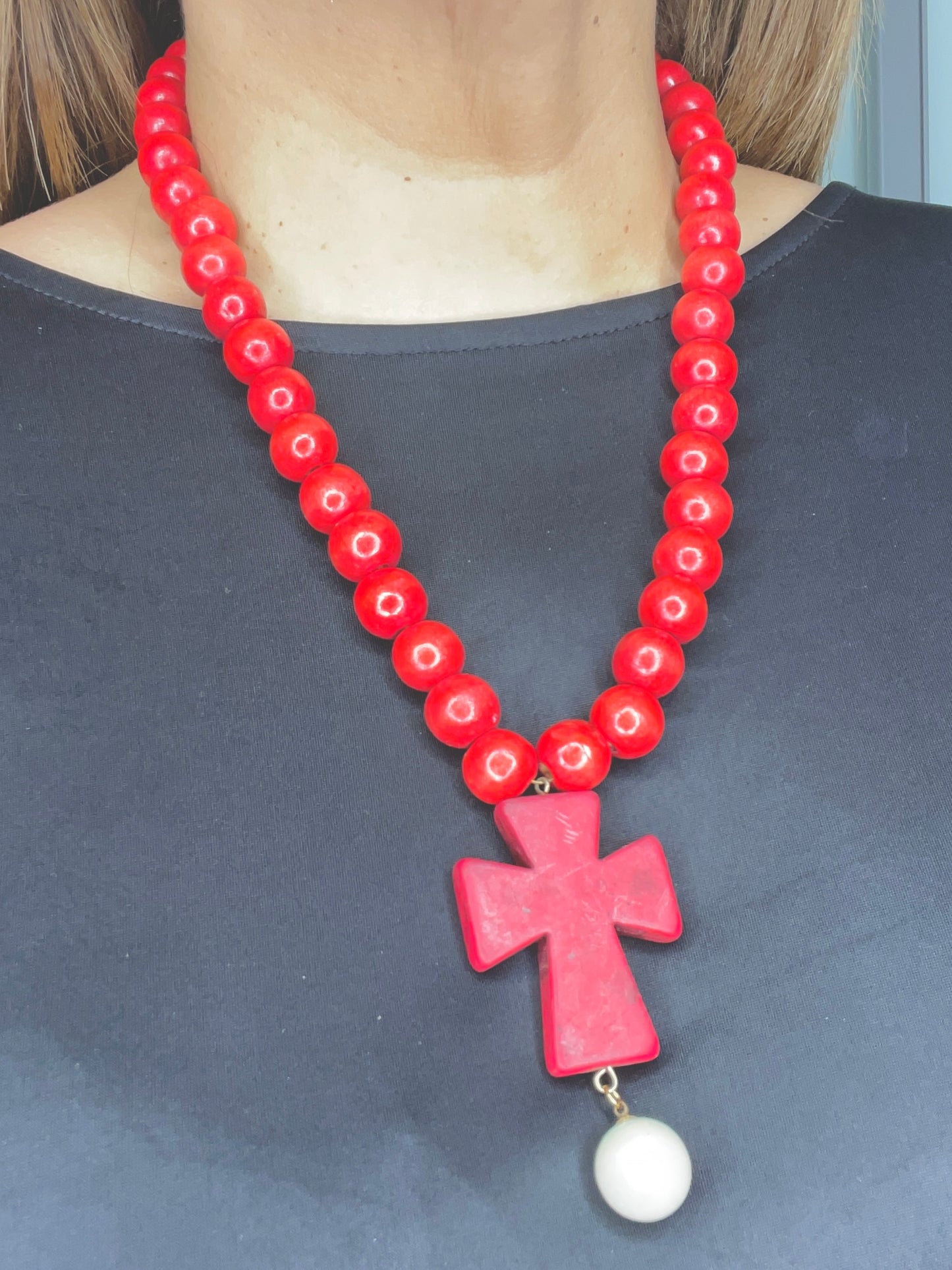 Wood Red Cross Necklace
