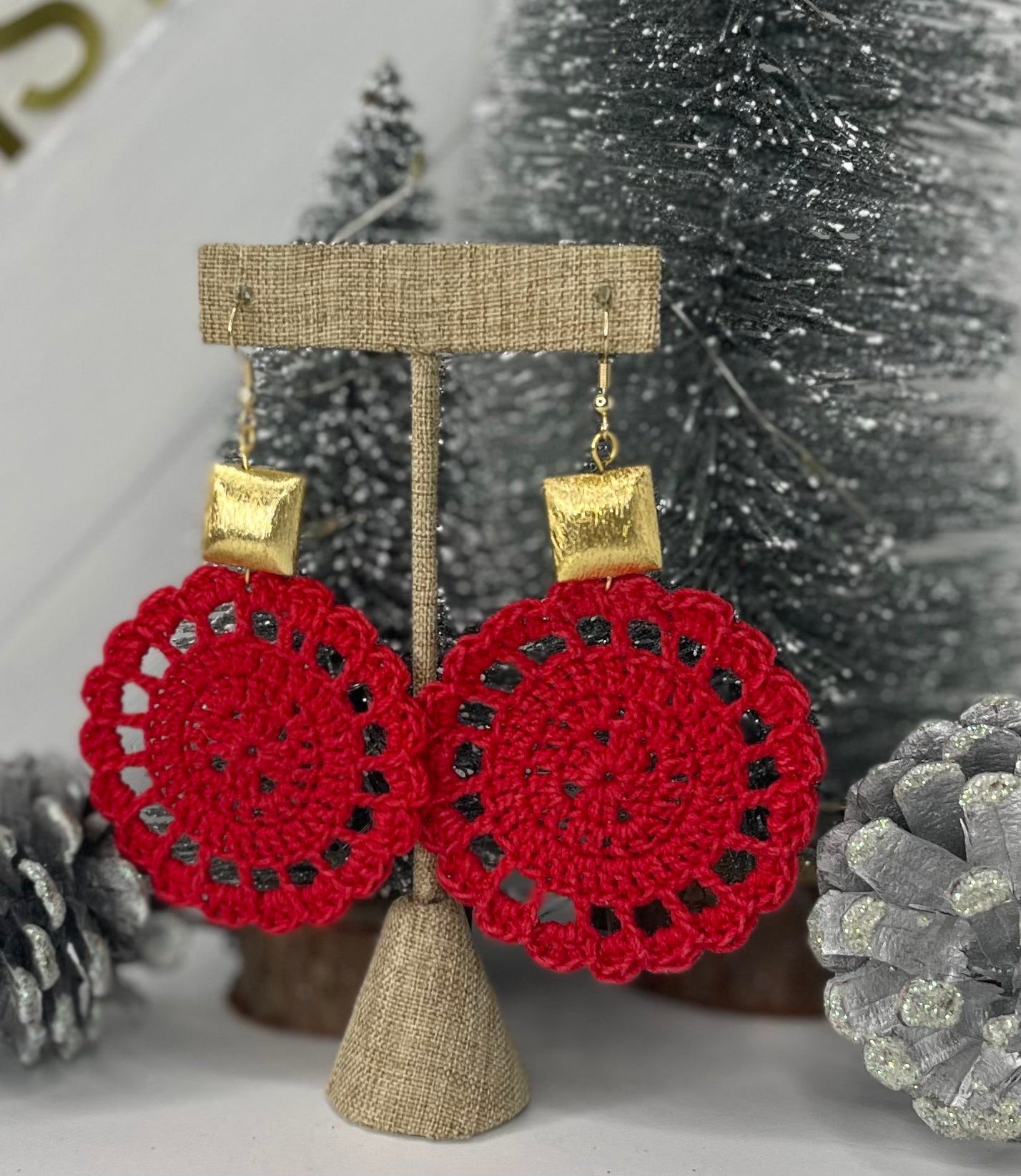 Red Crochet Flower Earrings