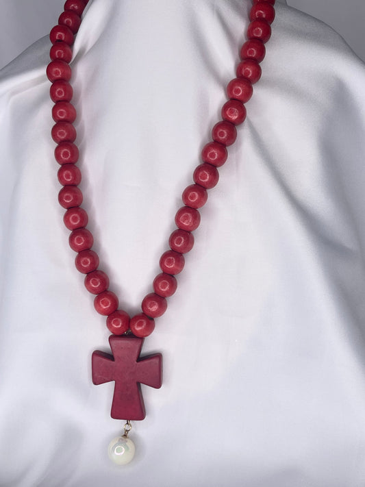 Wood Red Cross Necklace