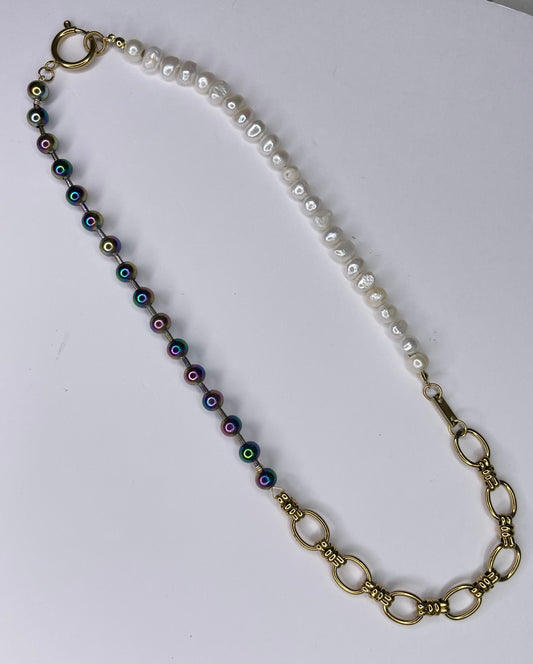 Rainbow Ball Chain & Pearl Necklace