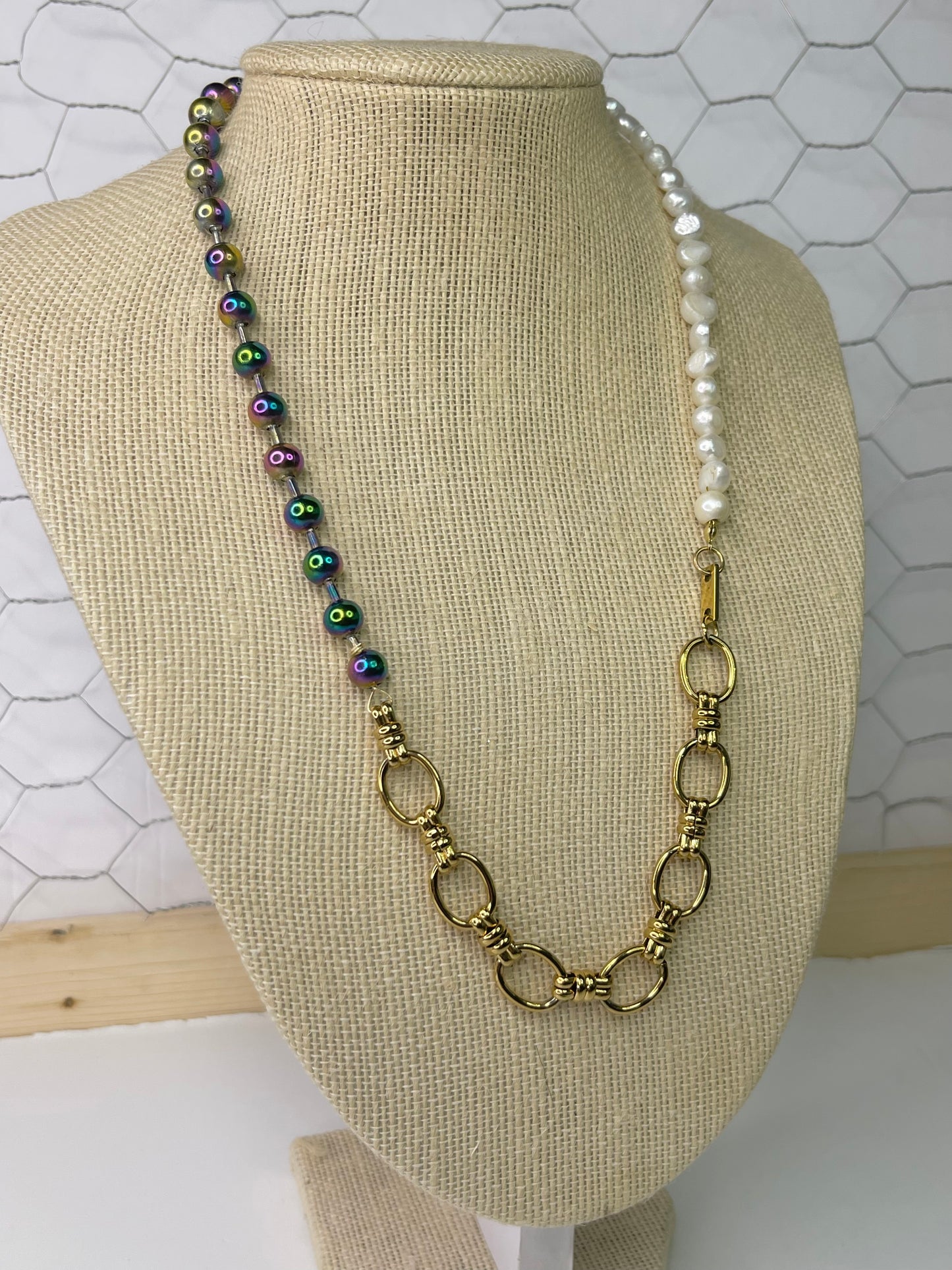 Rainbow Ball Chain & Pearl Necklace