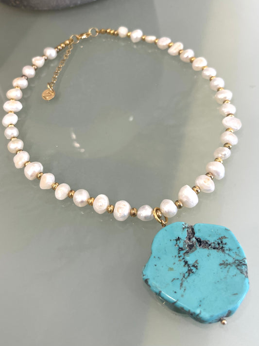 Turquoise Stone Pearl Necklace