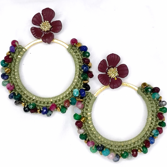 Crochet Burgundy Flower Earrings